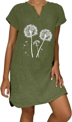 Xiaojmake Linen Dress for Women 2025 Summer Dresses V Neck Short Sleeve Sundress Plus Size Vacation Mini Beach Boho Dress
