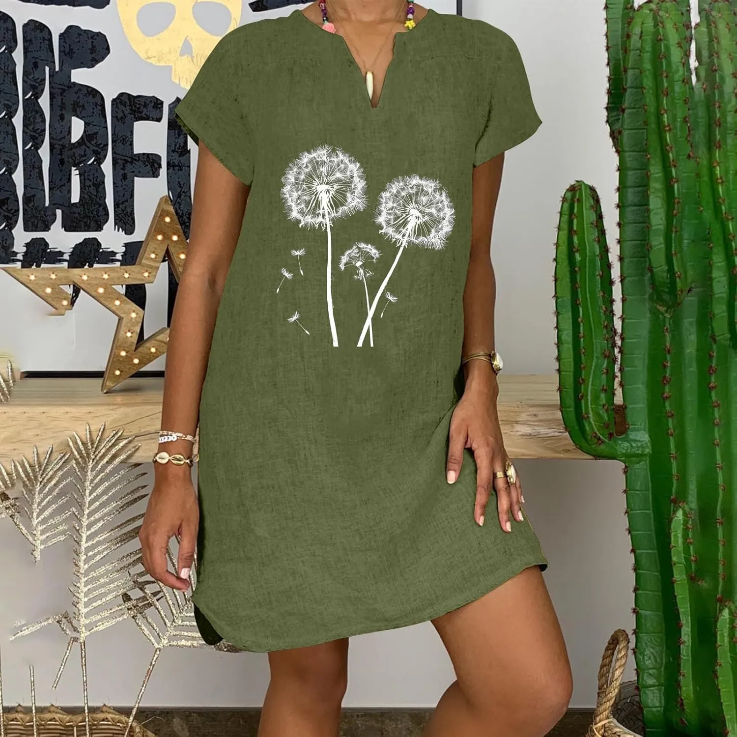 Xiaojmake Linen Dress for Women 2025 Summer Dresses V Neck Short Sleeve Sundress Plus Size Vacation Mini Beach Boho Dress