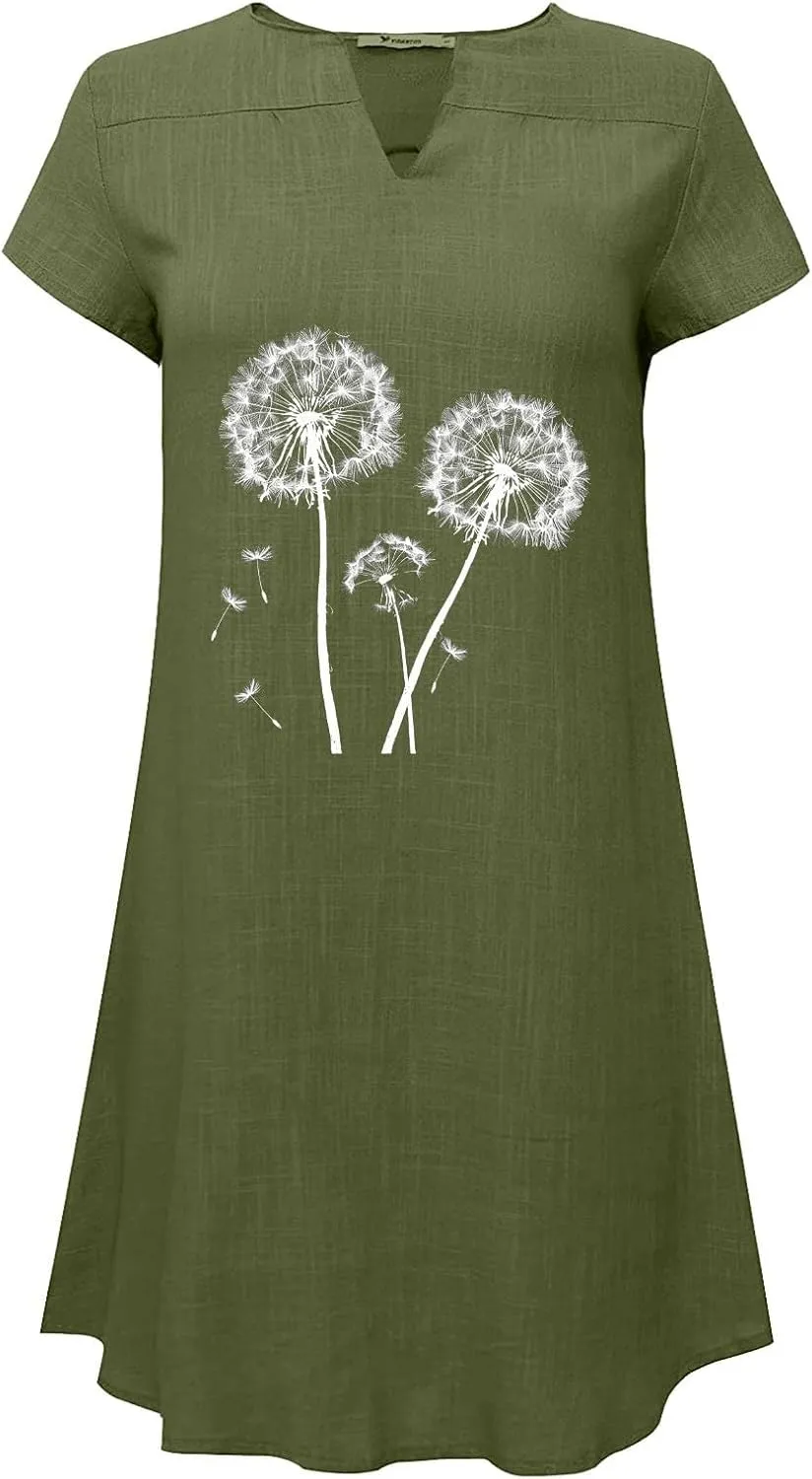Xiaojmake Linen Dress for Women 2025 Summer Dresses V Neck Short Sleeve Sundress Plus Size Vacation Mini Beach Boho Dress