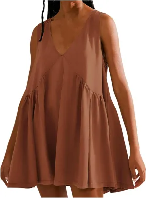 Xiaojmake Mini Tunic Dresses for Women Summer Casual Sleeveless V Neck Tank Sundress Loose Solid Babydoll Dress with Pockets