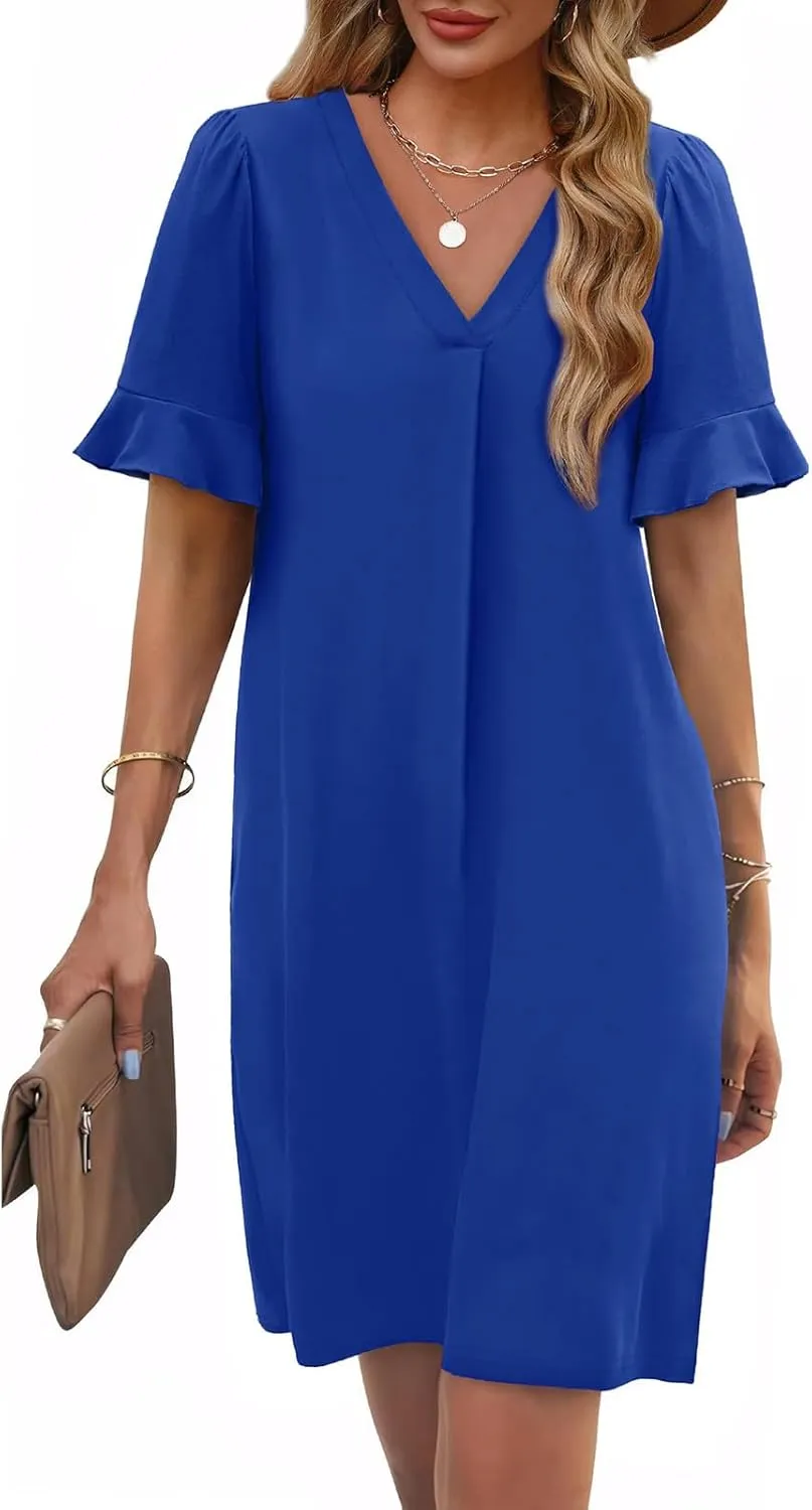 Xiaojmake Shift Dress for Women V Neck Ruffle Short Sleeves Solid Color Shirt Dress Casual Chiffon Flowy Summer Mini Dresses