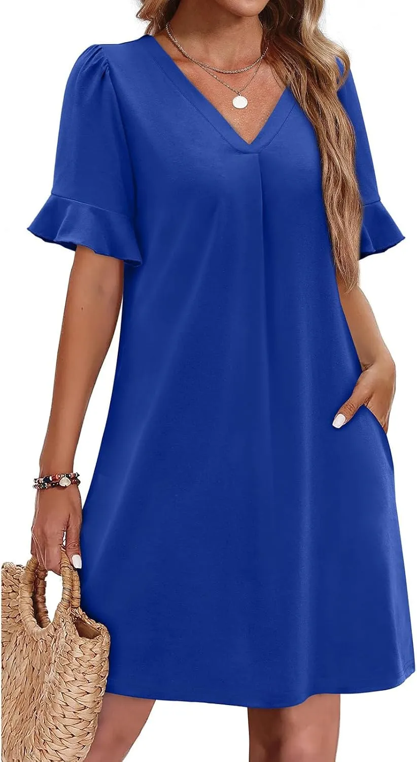 Xiaojmake Shift Dress for Women V Neck Ruffle Short Sleeves Solid Color Shirt Dress Casual Chiffon Flowy Summer Mini Dresses
