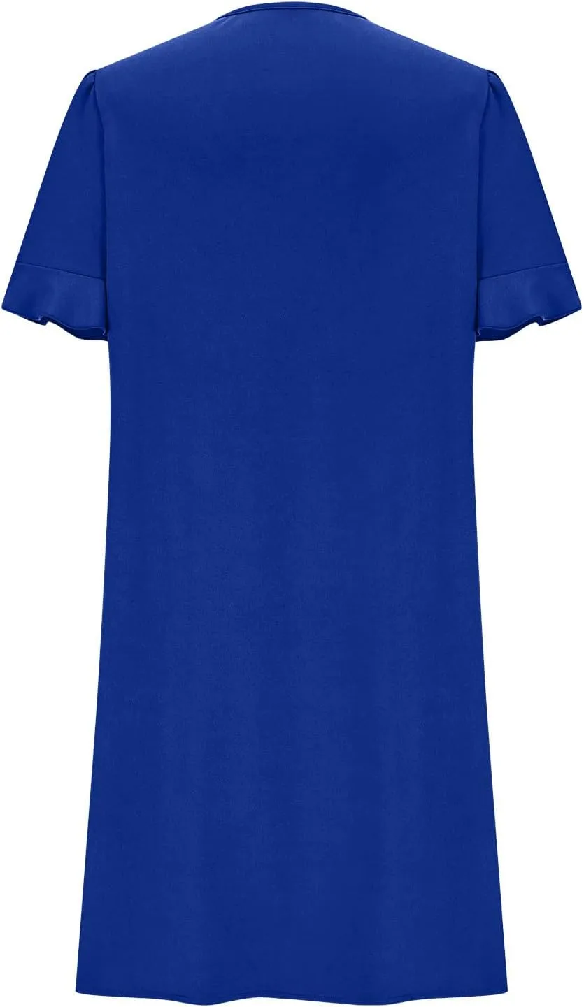 Xiaojmake Shift Dress for Women V Neck Ruffle Short Sleeves Solid Color Shirt Dress Casual Chiffon Flowy Summer Mini Dresses