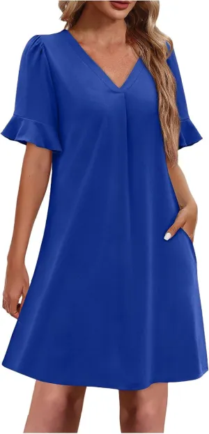 Xiaojmake Shift Dress for Women V Neck Ruffle Short Sleeves Solid Color Shirt Dress Casual Chiffon Flowy Summer Mini Dresses