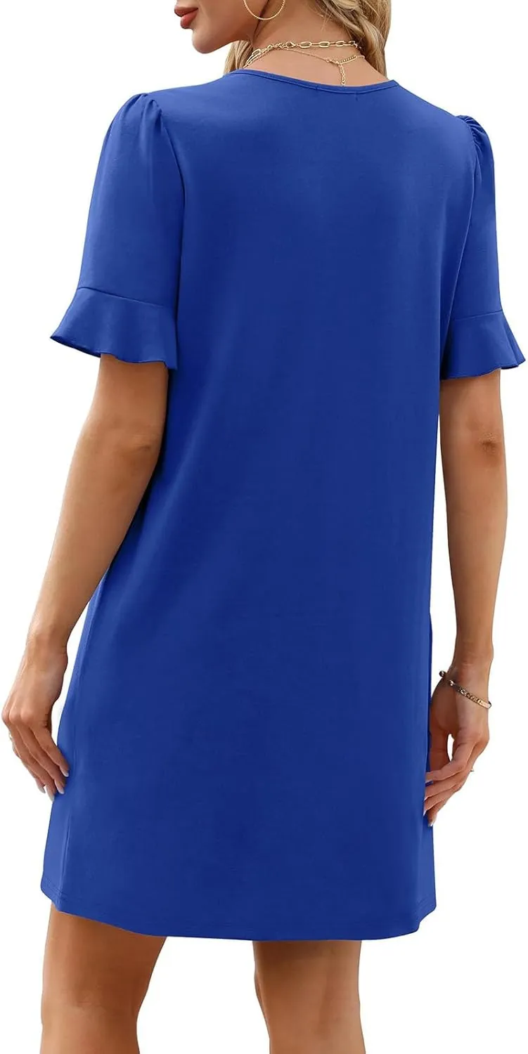 Xiaojmake Shift Dress for Women V Neck Ruffle Short Sleeves Solid Color Shirt Dress Casual Chiffon Flowy Summer Mini Dresses