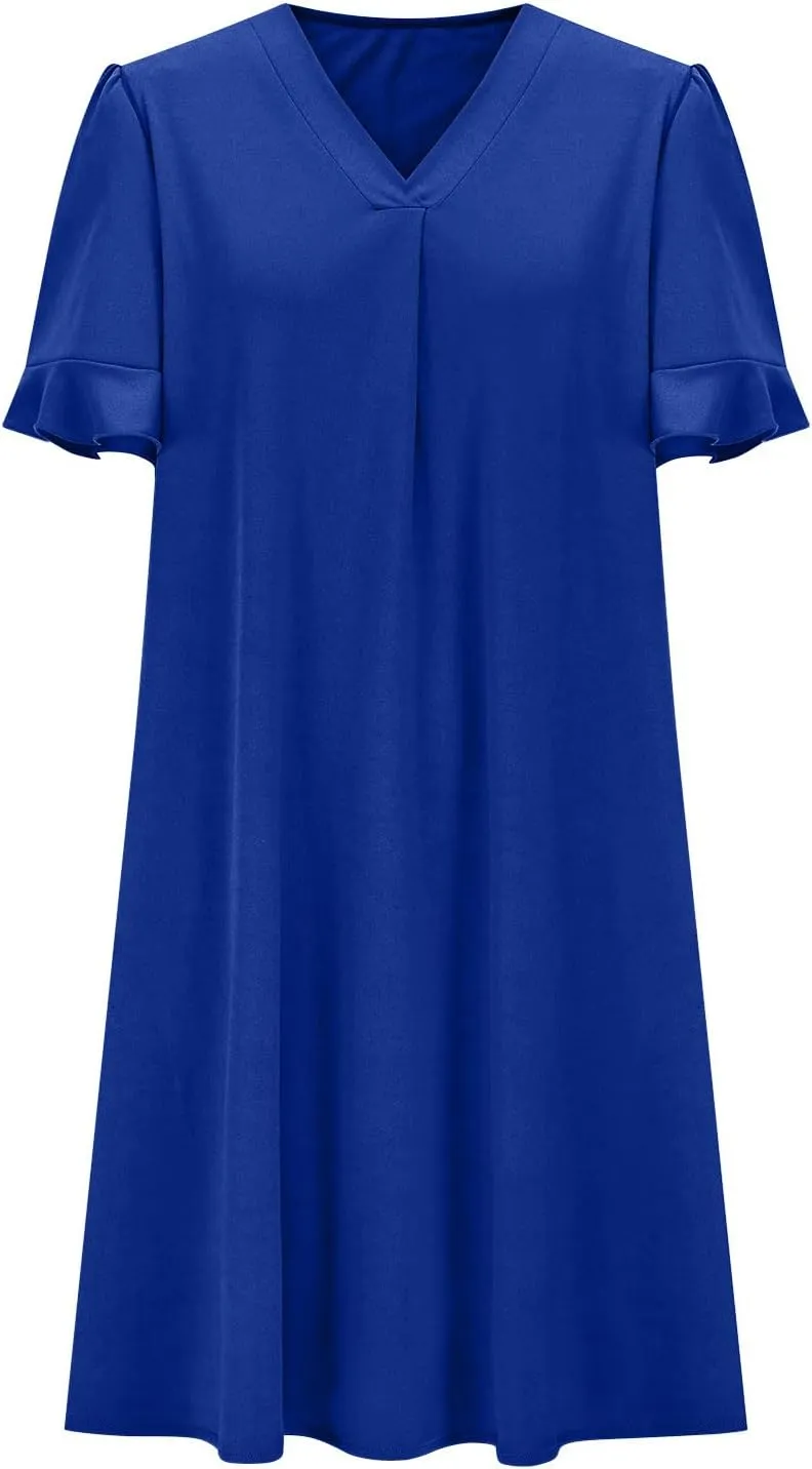 Xiaojmake Shift Dress for Women V Neck Ruffle Short Sleeves Solid Color Shirt Dress Casual Chiffon Flowy Summer Mini Dresses