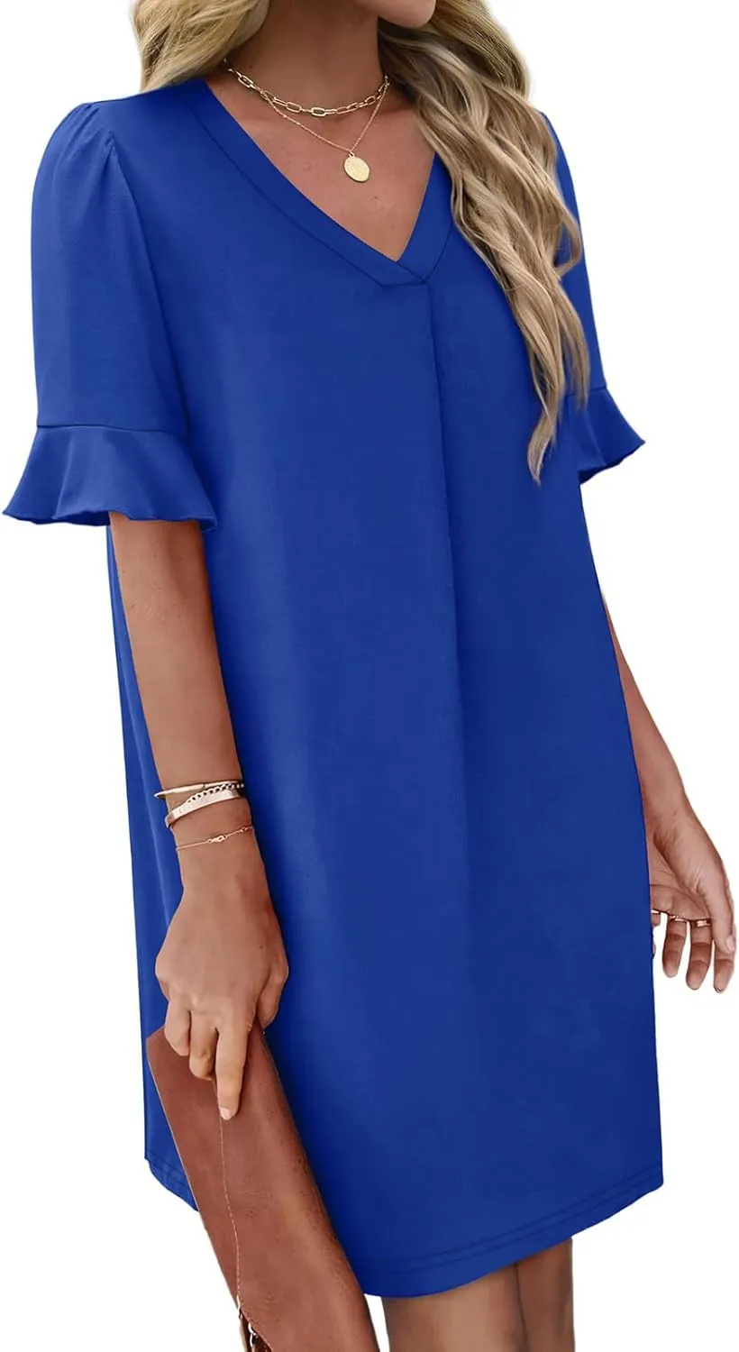 Xiaojmake Shift Dress for Women V Neck Ruffle Short Sleeves Solid Color Shirt Dress Casual Chiffon Flowy Summer Mini Dresses