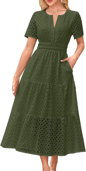 Xiaojmake Summer Dresses for Women 2025 Short Sleeve Hollow Out Eyelet Dress Boho Dressy Swing Long Maxi Dresses with Pockets