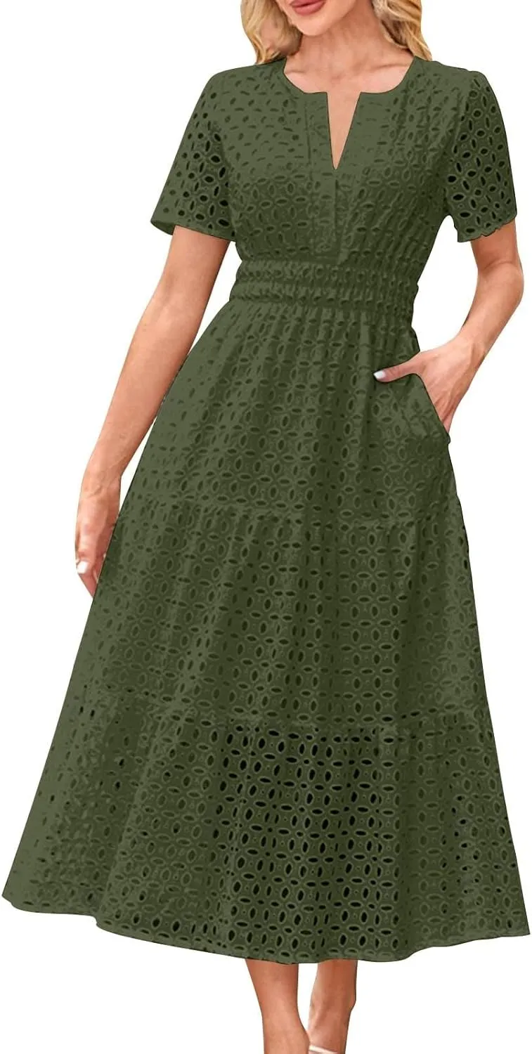 Xiaojmake Summer Dresses for Women 2025 Short Sleeve Hollow Out Eyelet Dress Boho Dressy Swing Long Maxi Dresses with Pockets