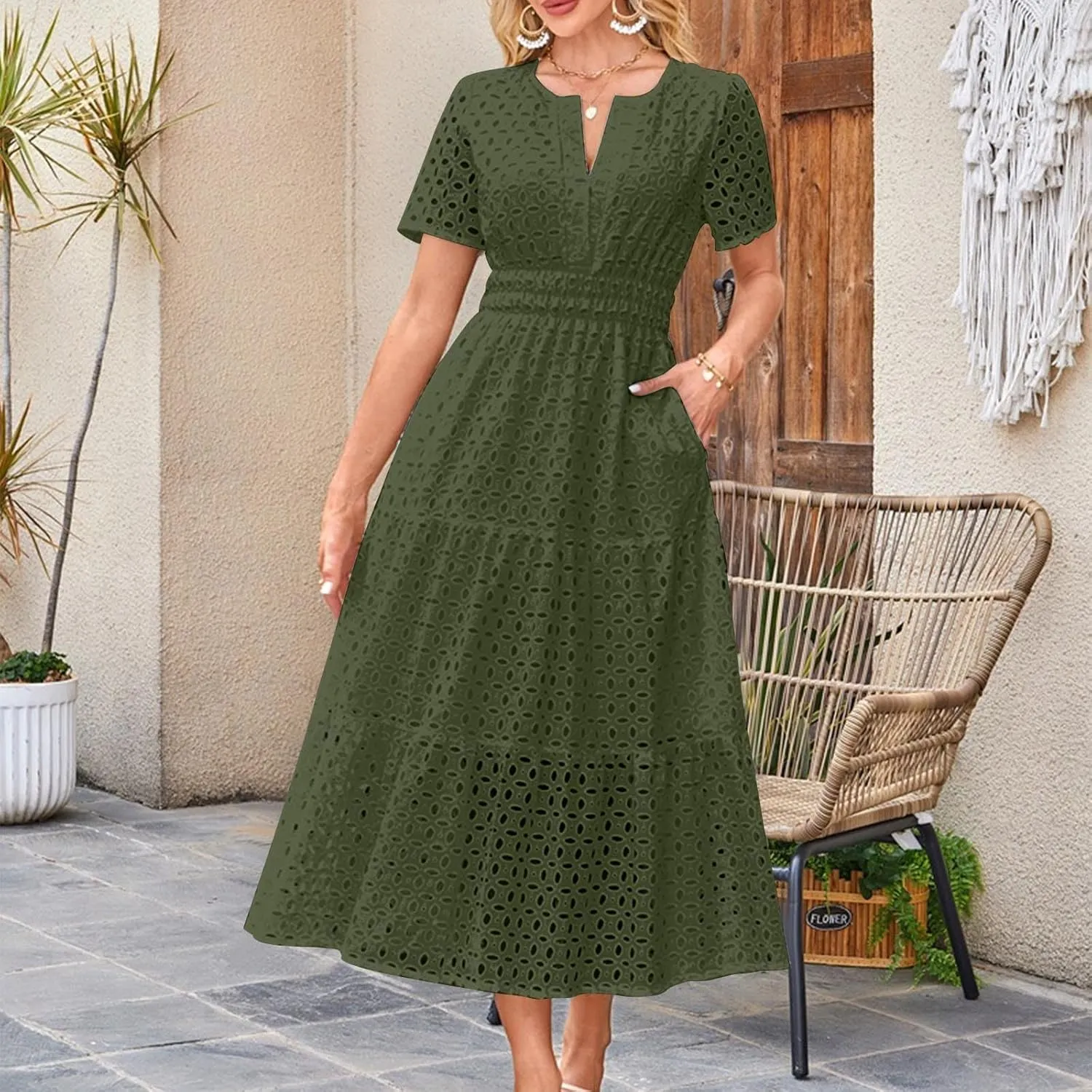 Xiaojmake Summer Dresses for Women 2025 Short Sleeve Hollow Out Eyelet Dress Boho Dressy Swing Long Maxi Dresses with Pockets