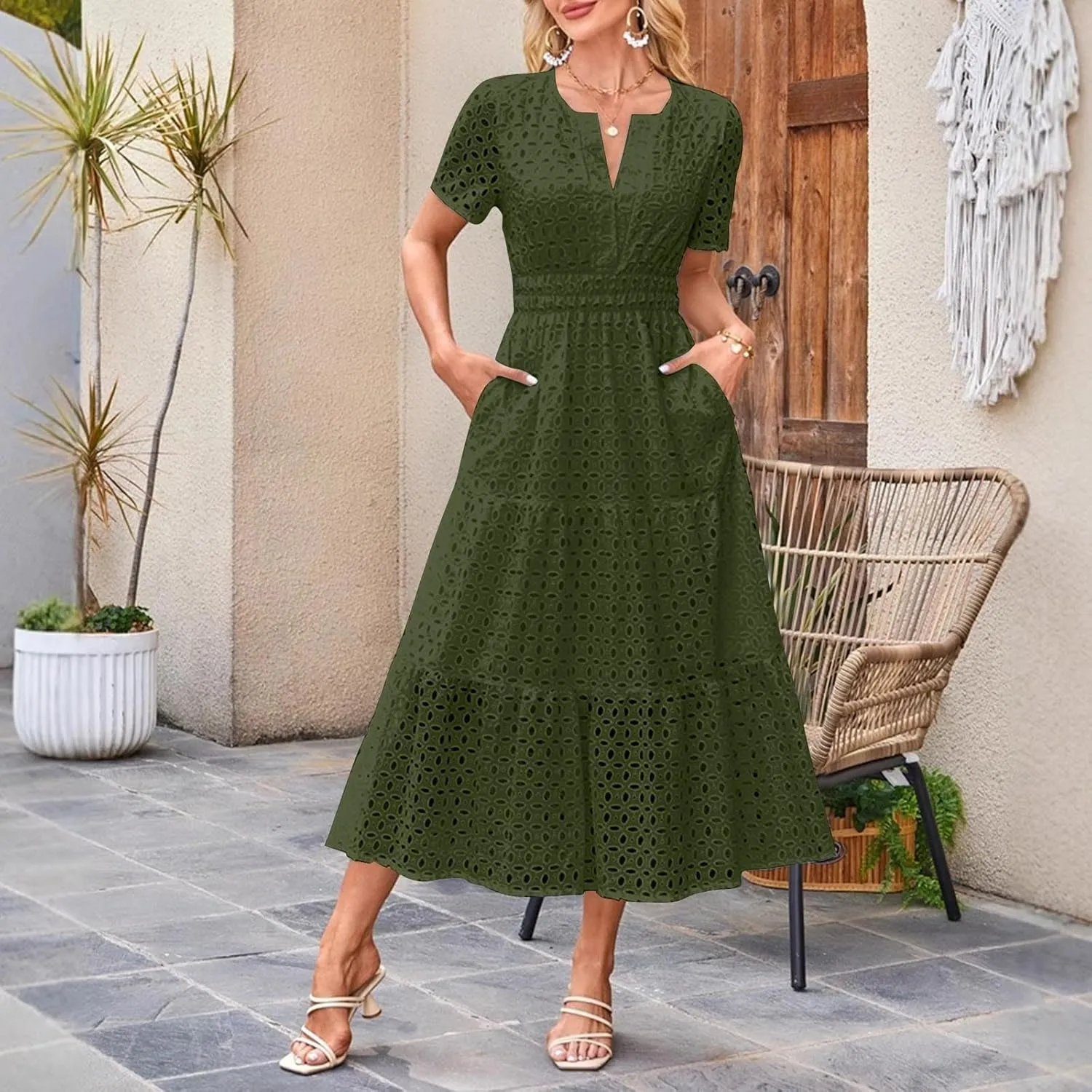 Xiaojmake Summer Dresses for Women 2025 Short Sleeve Hollow Out Eyelet Dress Boho Dressy Swing Long Maxi Dresses with Pockets