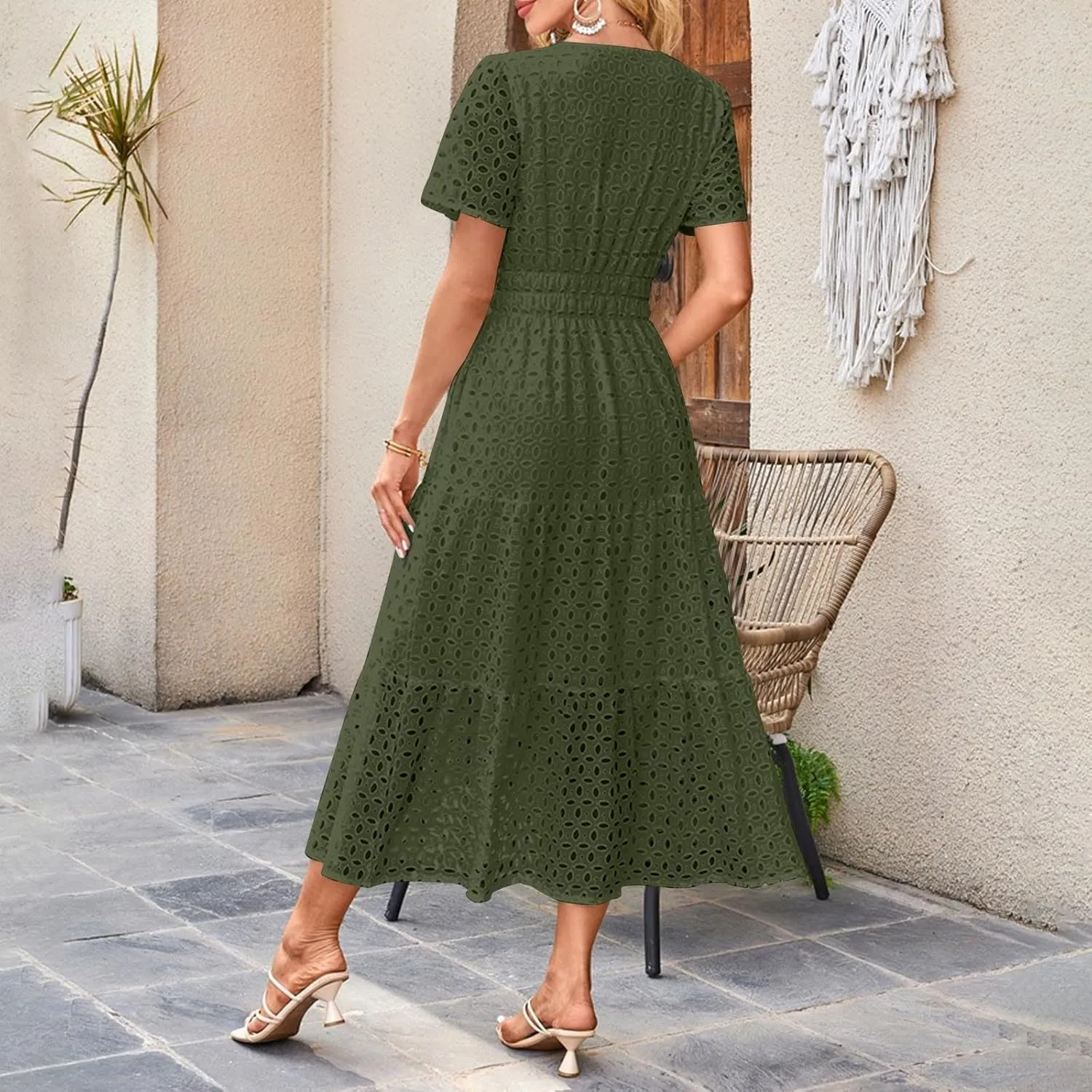 Xiaojmake Summer Dresses for Women 2025 Short Sleeve Hollow Out Eyelet Dress Boho Dressy Swing Long Maxi Dresses with Pockets