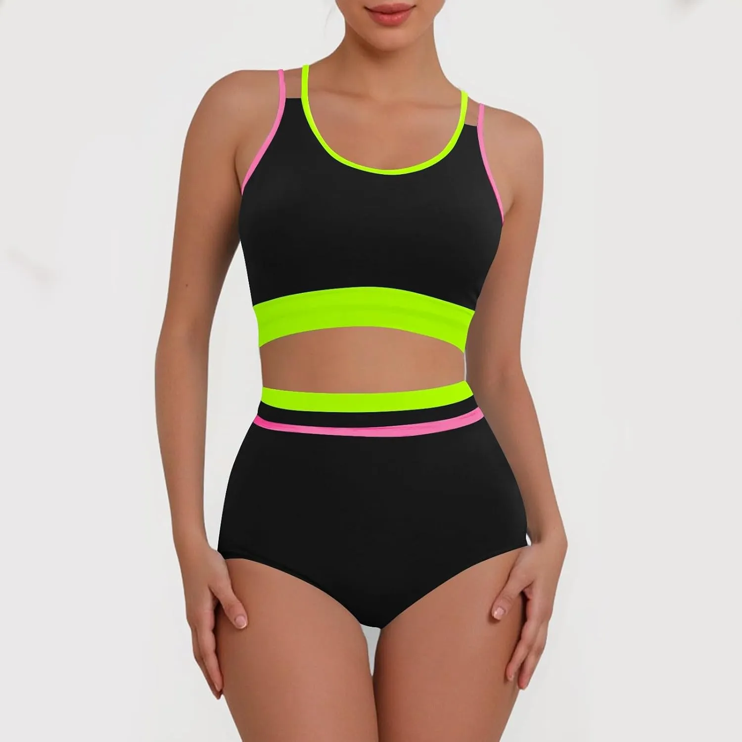 yardsong Modest Bikini Sets for Women Two Piece Sporty Bathing Suits Double Shoulder Straps Scoop Neck High Waist Swimsuits