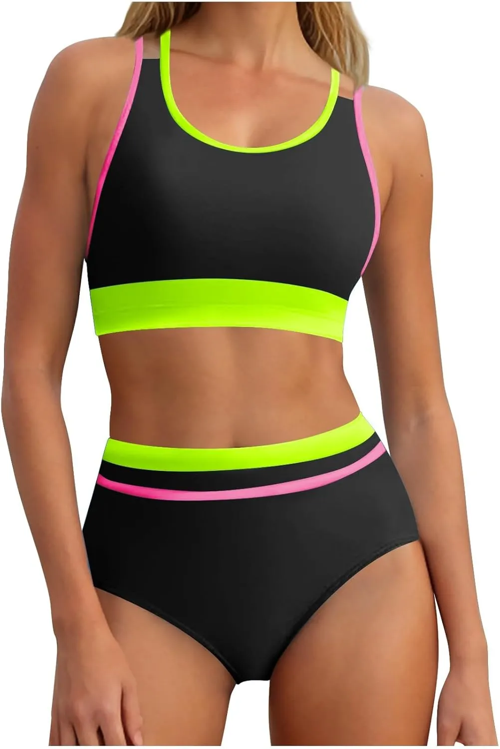 yardsong Modest Bikini Sets for Women Two Piece Sporty Bathing Suits Double Shoulder Straps Scoop Neck High Waist Swimsuits