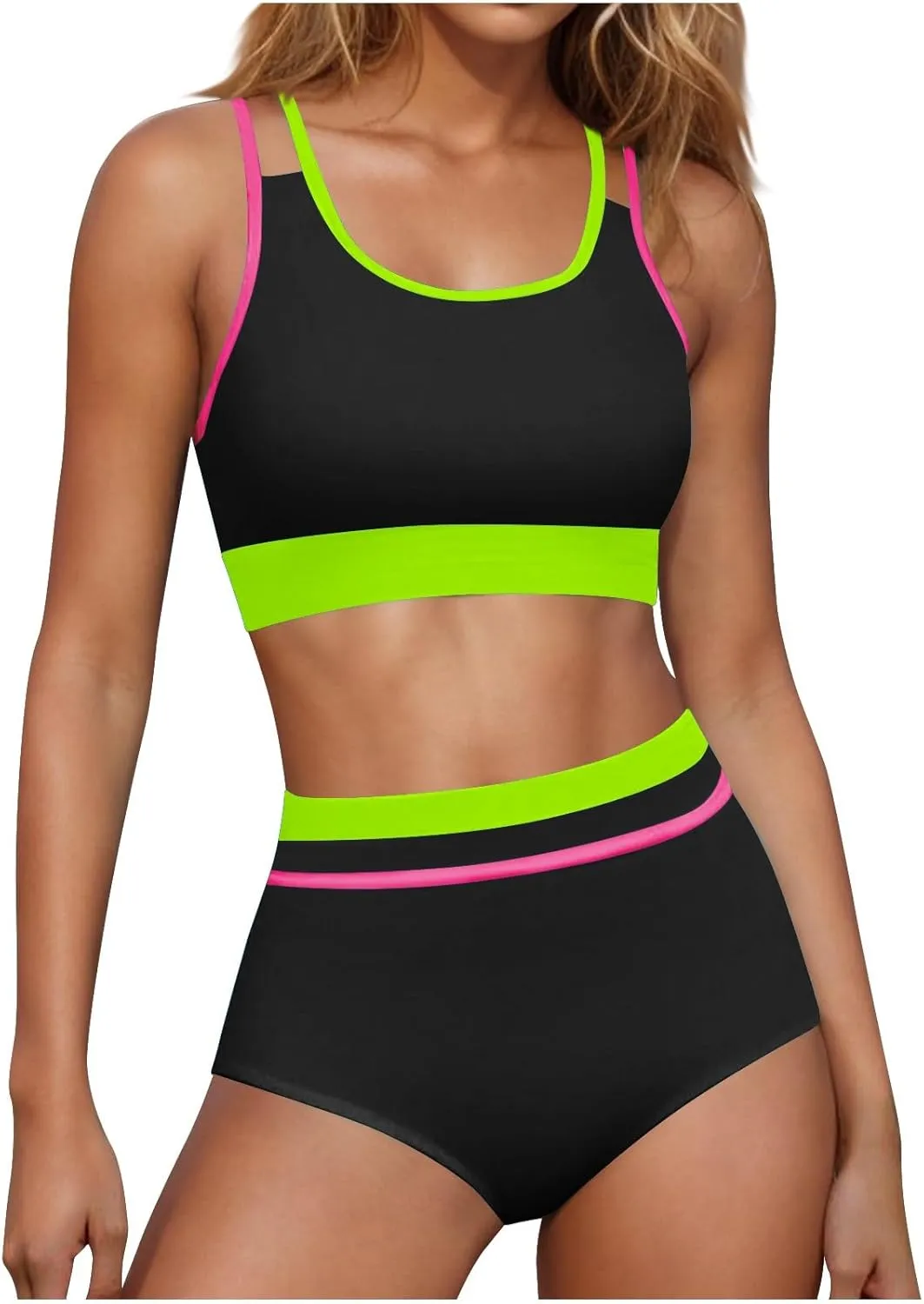 yardsong Modest Bikini Sets for Women Two Piece Sporty Bathing Suits Double Shoulder Straps Scoop Neck High Waist Swimsuits