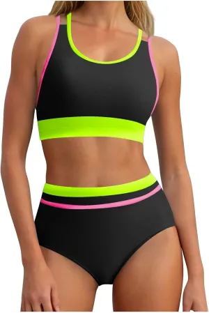 yardsong Modest Bikini Sets for Women Two Piece Sporty Bathing Suits Double Shoulder Straps Scoop Neck High Waist Swimsuits