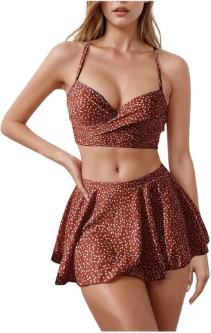 yardsong Two Piece Swimsuit for Women Boho Polka Dot Print Skirted Bikini Sets Adjustable Spaghetti Straps Cute Bathing Suit