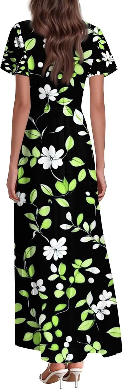 ZEFOTIM Long Dresses for Women 2025 Cocktail Floral Dress Short Sleeve V Neck Dresses