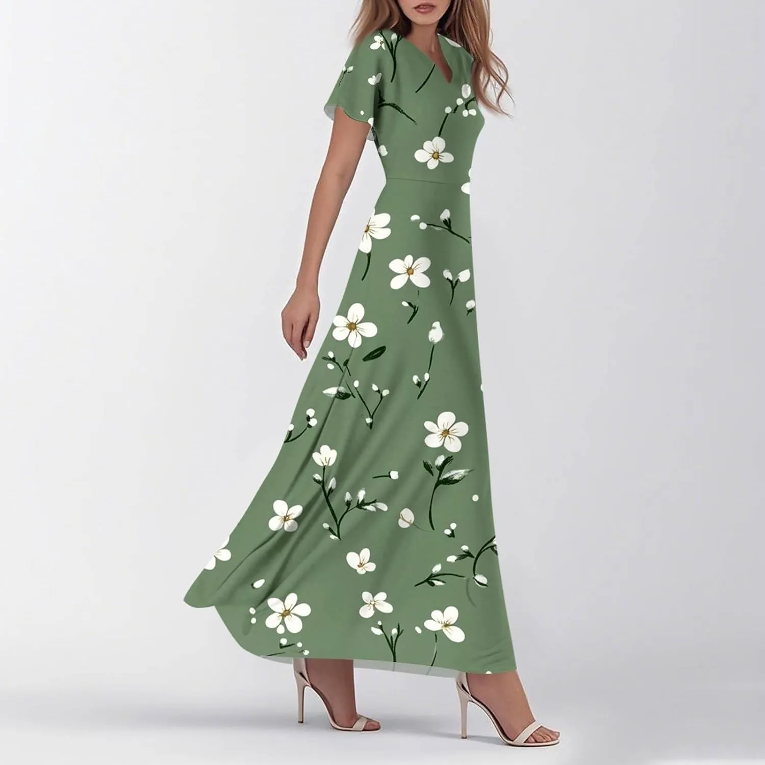 ZEFOTIM Long Dresses for Women 2025 Cocktail Floral Dress Short Sleeve V Neck Dresses