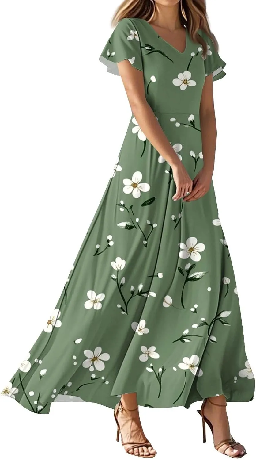 ZEFOTIM Long Dresses for Women 2025 Cocktail Floral Dress Short Sleeve V Neck Dresses