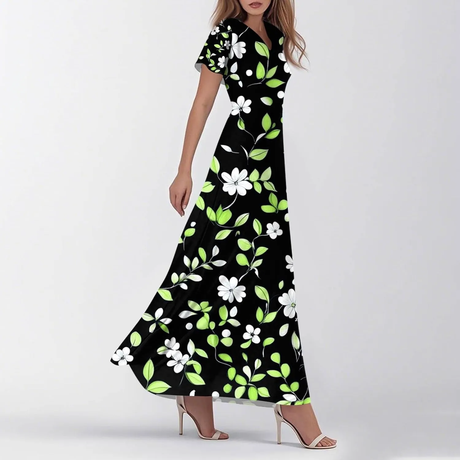 ZEFOTIM Long Dresses for Women 2025 Cocktail Floral Dress Short Sleeve V Neck Dresses
