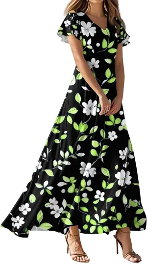 ZEFOTIM Long Dresses for Women 2025 Cocktail Floral Dress Short Sleeve V Neck Dresses