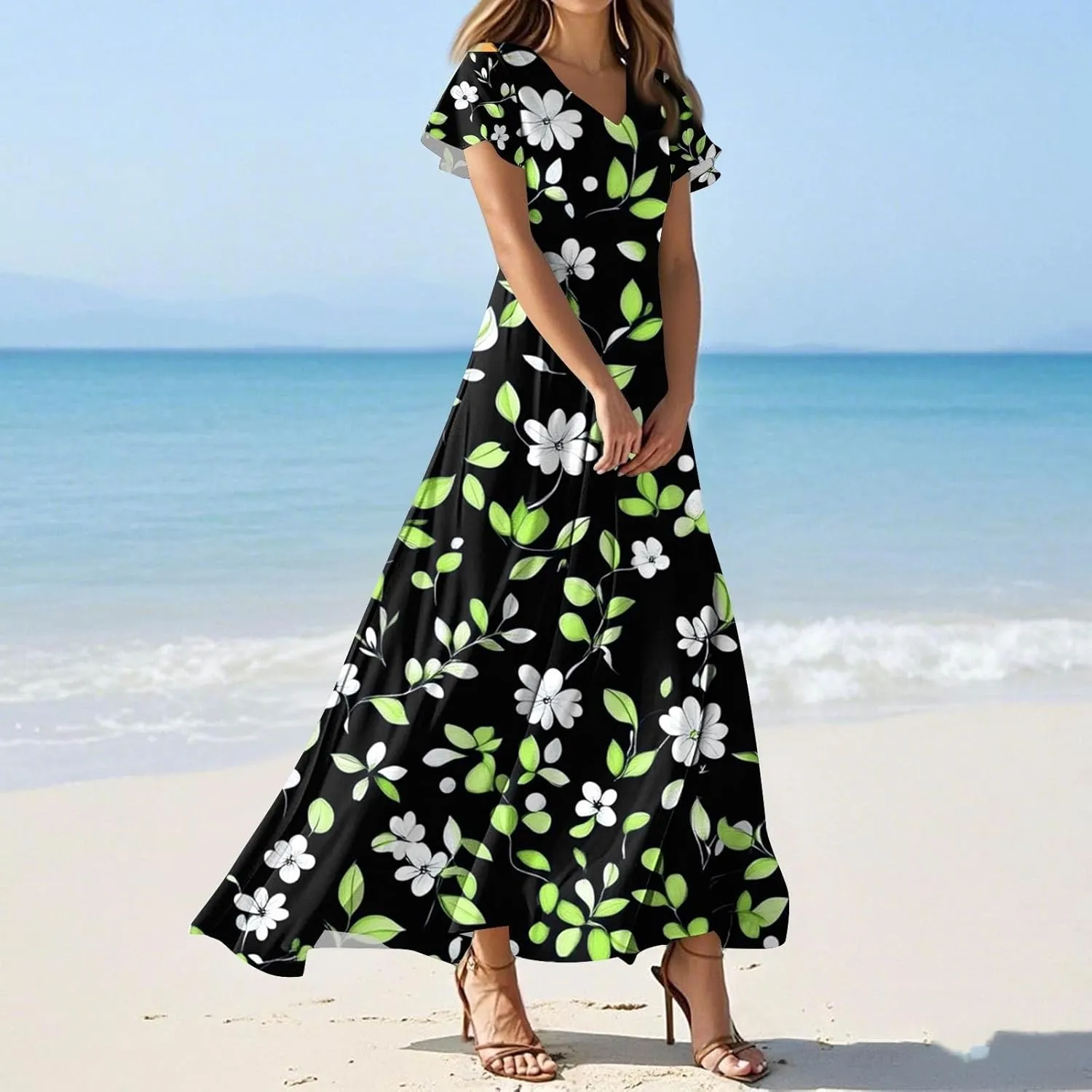ZEFOTIM Long Dresses for Women 2025 Cocktail Floral Dress Short Sleeve V Neck Dresses