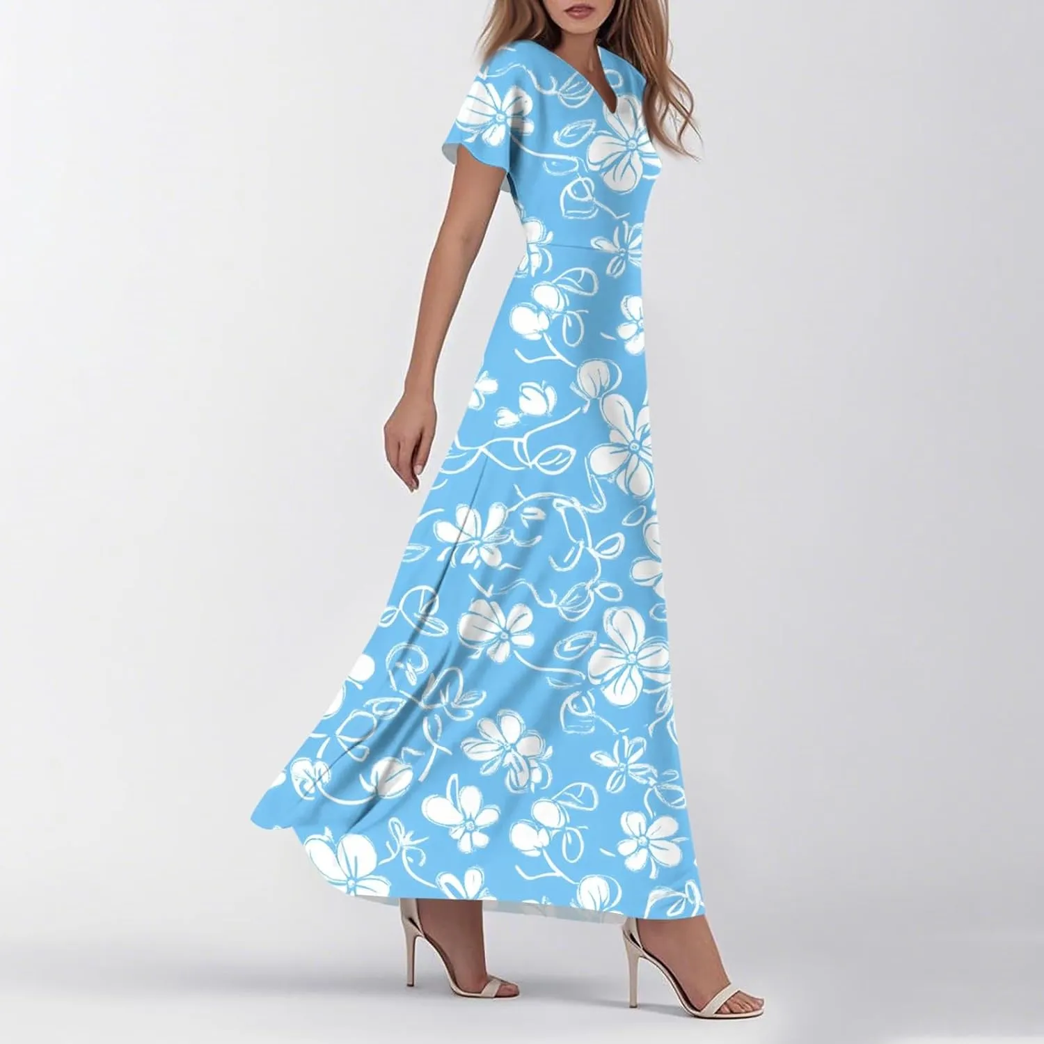 ZEFOTIM Long Dresses for Women 2025 Curvy Floral Dress Short Sleeve V Neck Dresses
