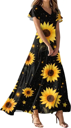 ZEFOTIM Long Dresses for Women 2025 Curvy Floral Dress Short Sleeve V Neck Dresses