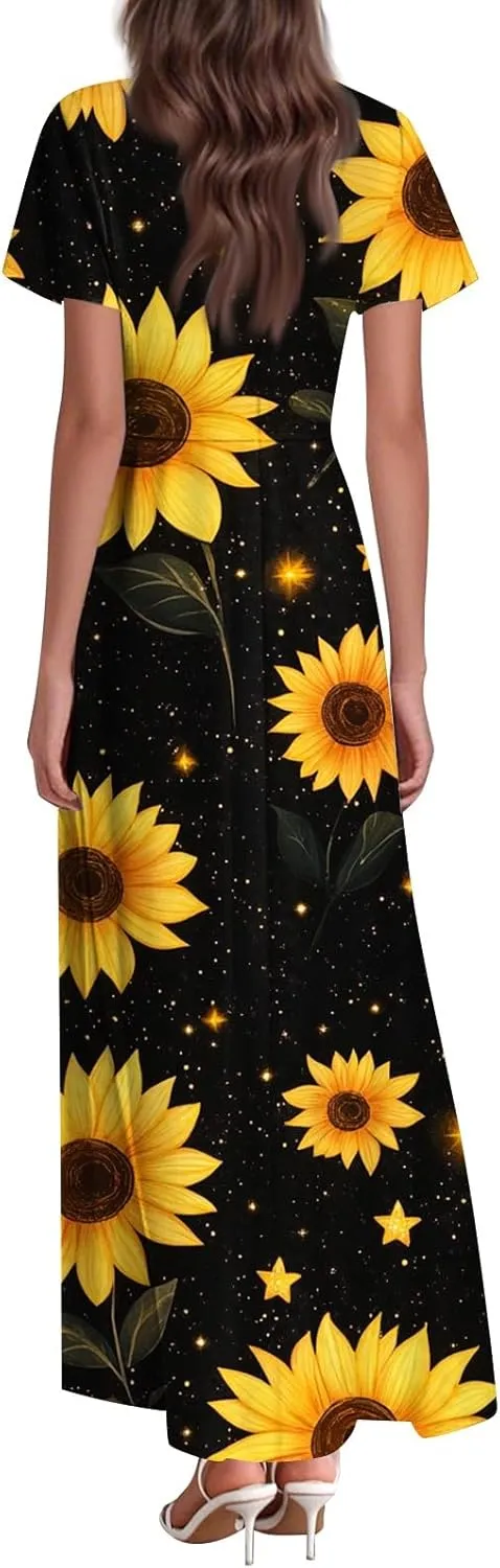 ZEFOTIM Long Dresses for Women 2025 Curvy Floral Dress Short Sleeve V Neck Dresses