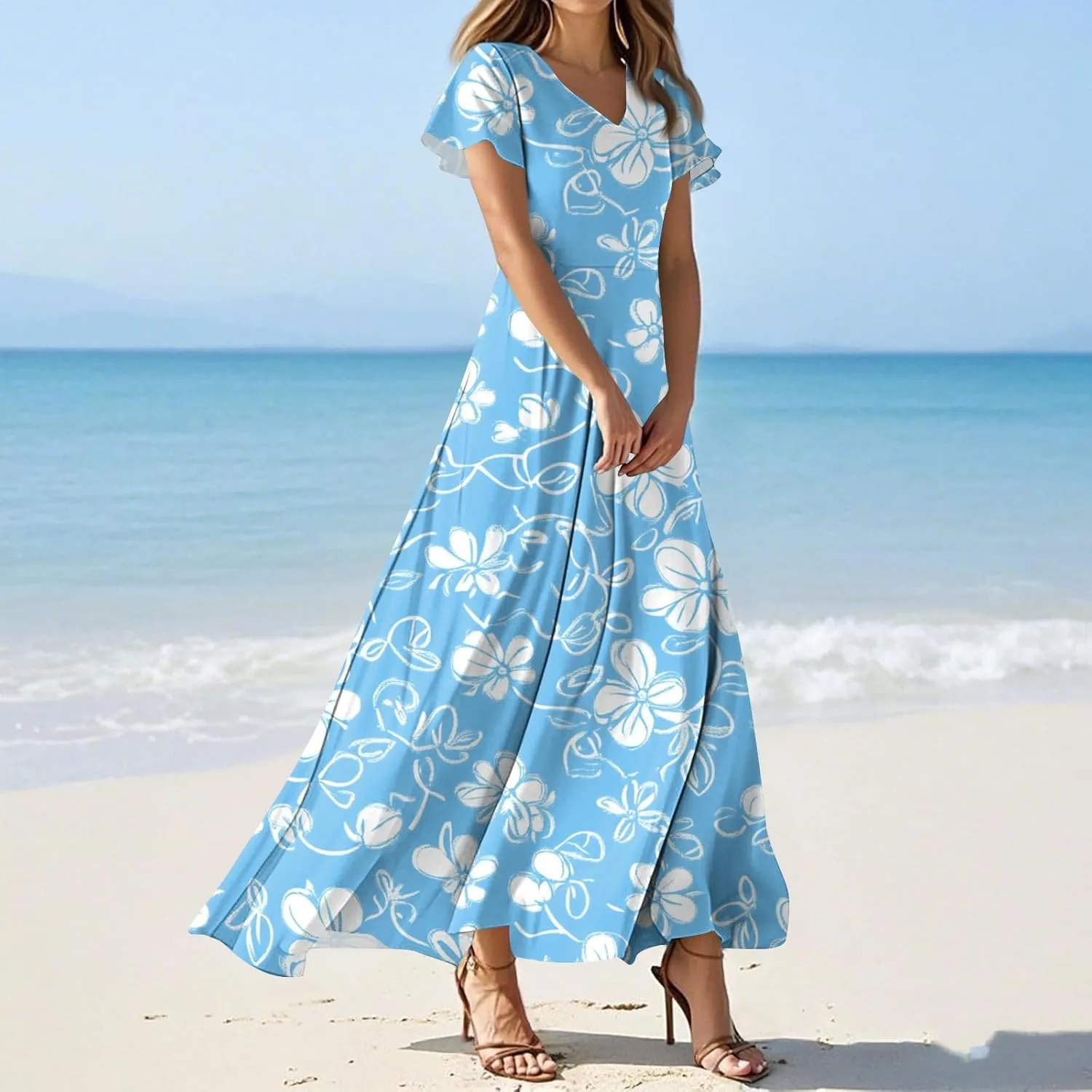 ZEFOTIM Long Dresses for Women 2025 Curvy Floral Dress Short Sleeve V Neck Dresses