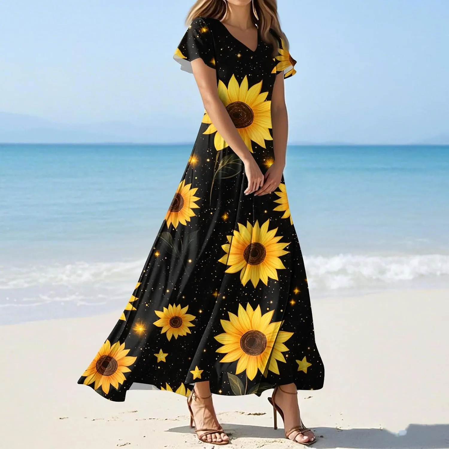 ZEFOTIM Long Dresses for Women 2025 Curvy Floral Dress Short Sleeve V Neck Dresses