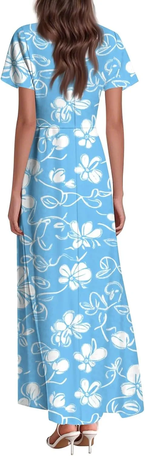 ZEFOTIM Long Dresses for Women 2025 Curvy Floral Dress Short Sleeve V Neck Dresses