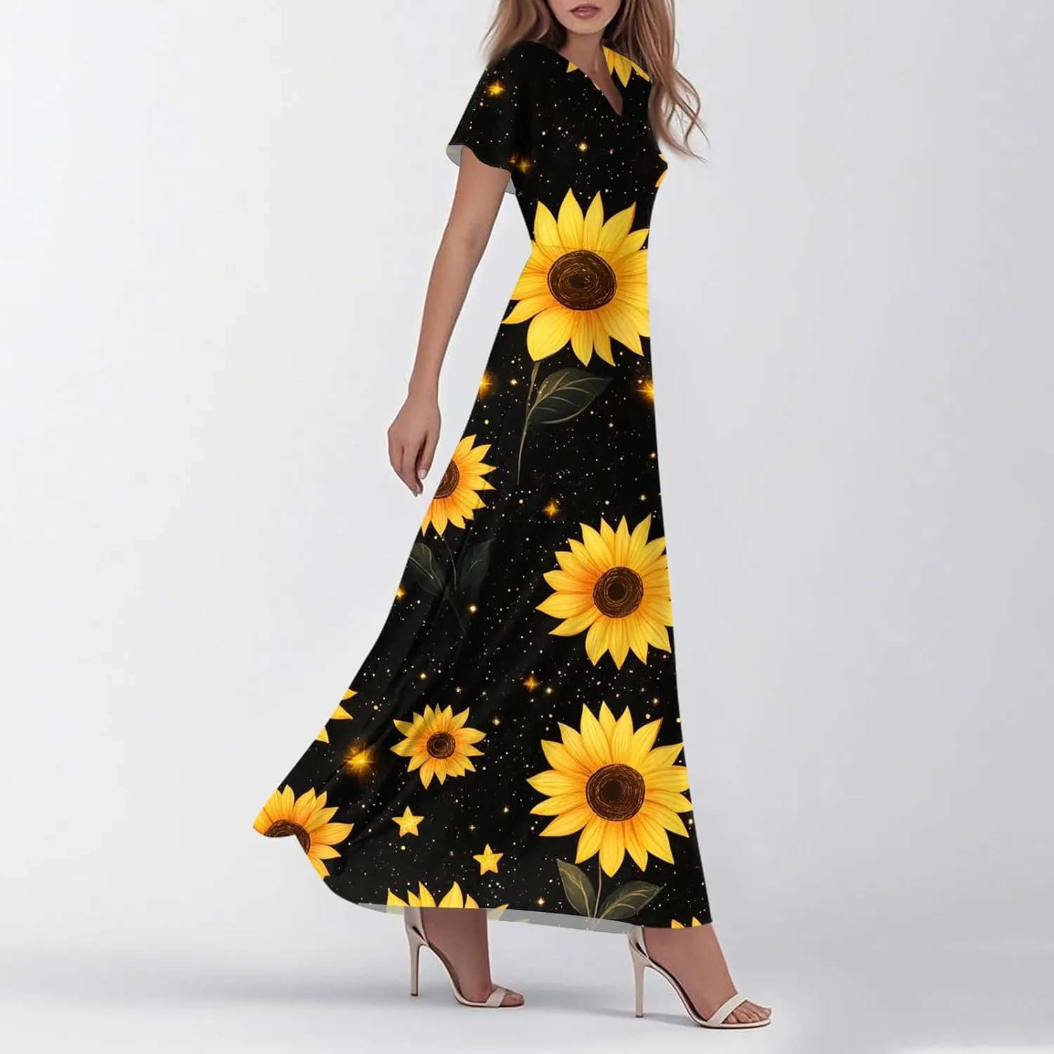ZEFOTIM Long Dresses for Women 2025 Curvy Floral Dress Short Sleeve V Neck Dresses