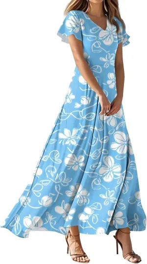 ZEFOTIM Long Dresses for Women 2025 Curvy Floral Dress Short Sleeve V Neck Dresses