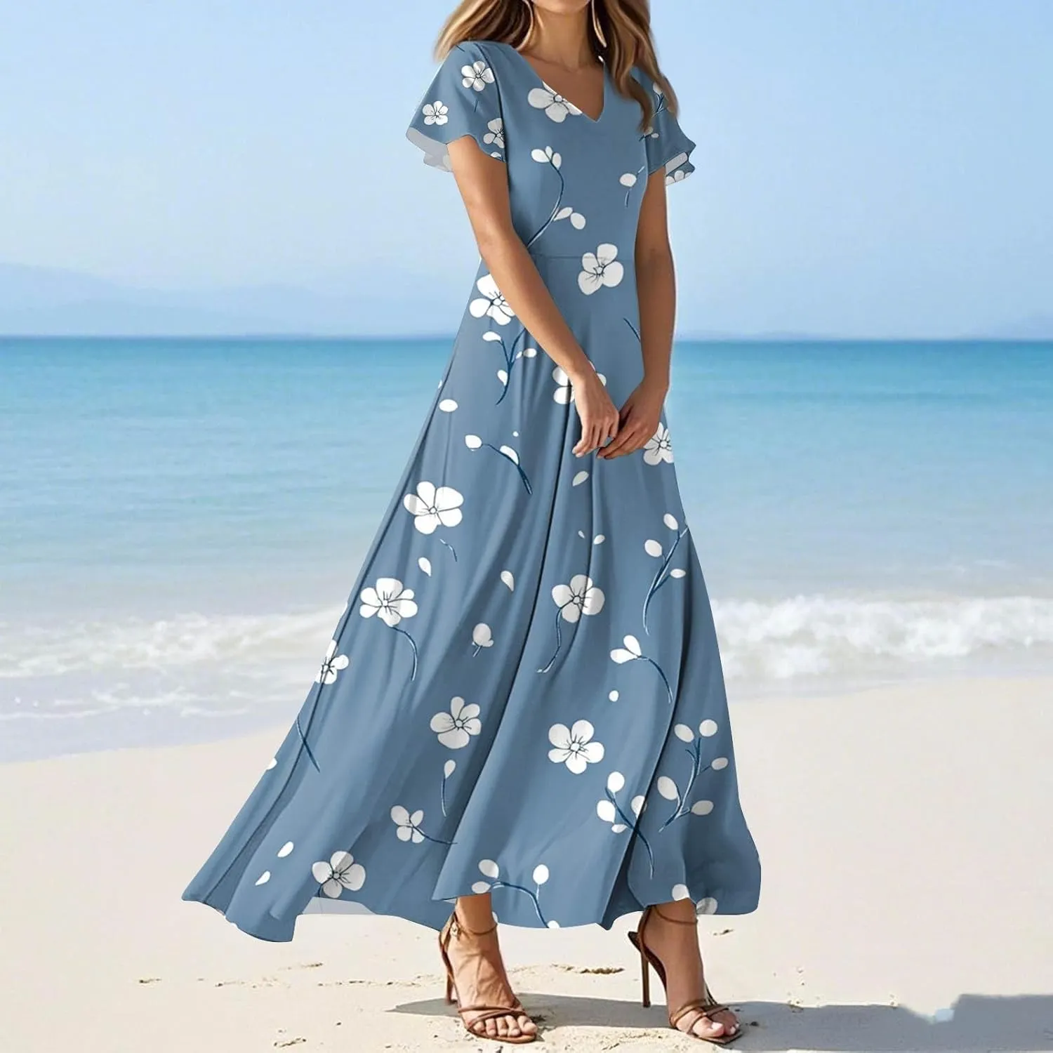 ZEFOTIM Long Dresses for Women 2025 Holiday Floral Dress Short Sleeve V Neck Dresses