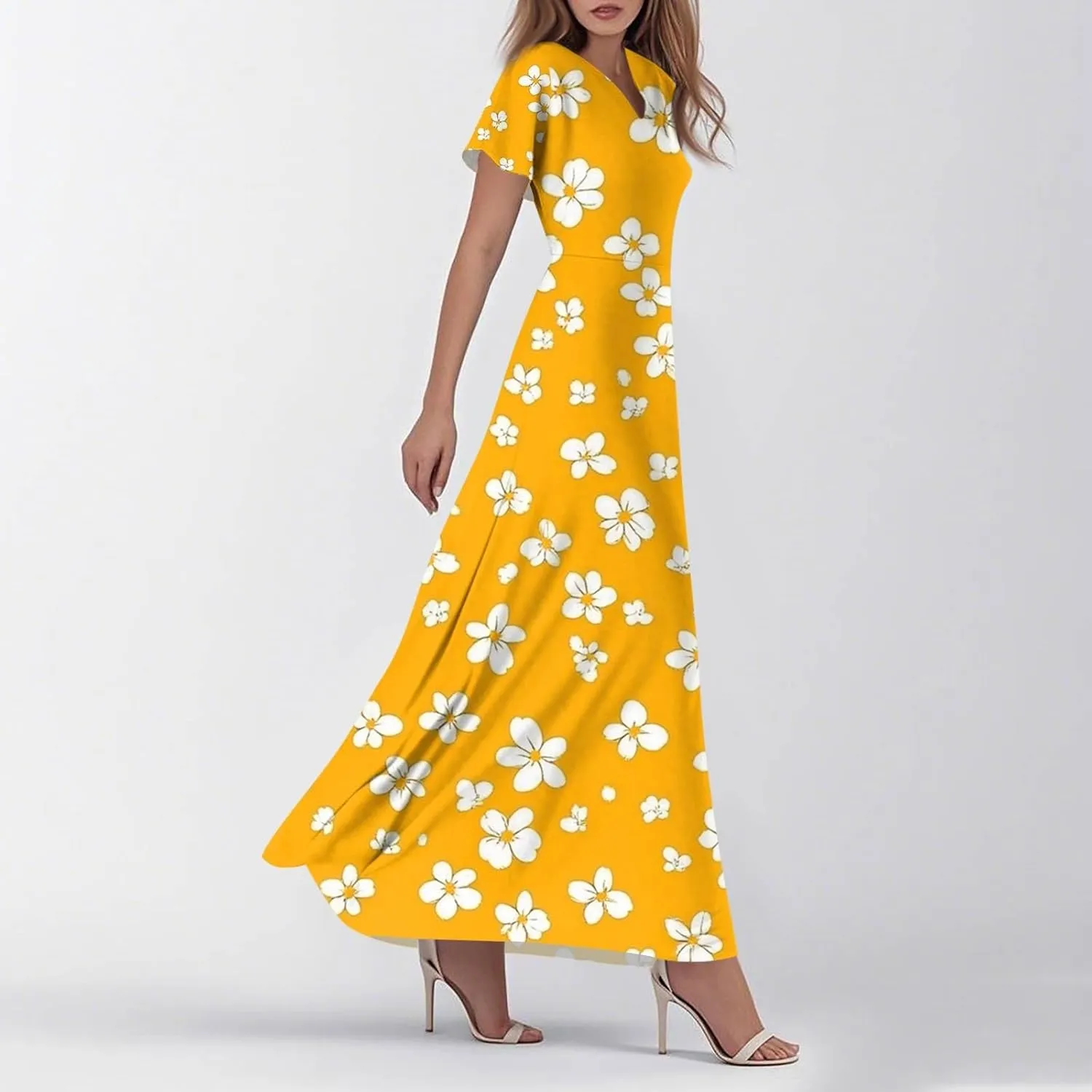 ZEFOTIM Long Dresses for Women 2025 Holiday Floral Dress Short Sleeve V Neck Dresses