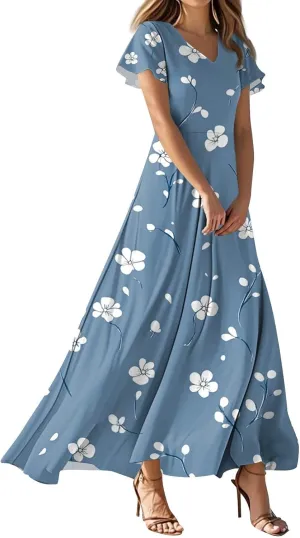 ZEFOTIM Long Dresses for Women 2025 Holiday Floral Dress Short Sleeve V Neck Dresses