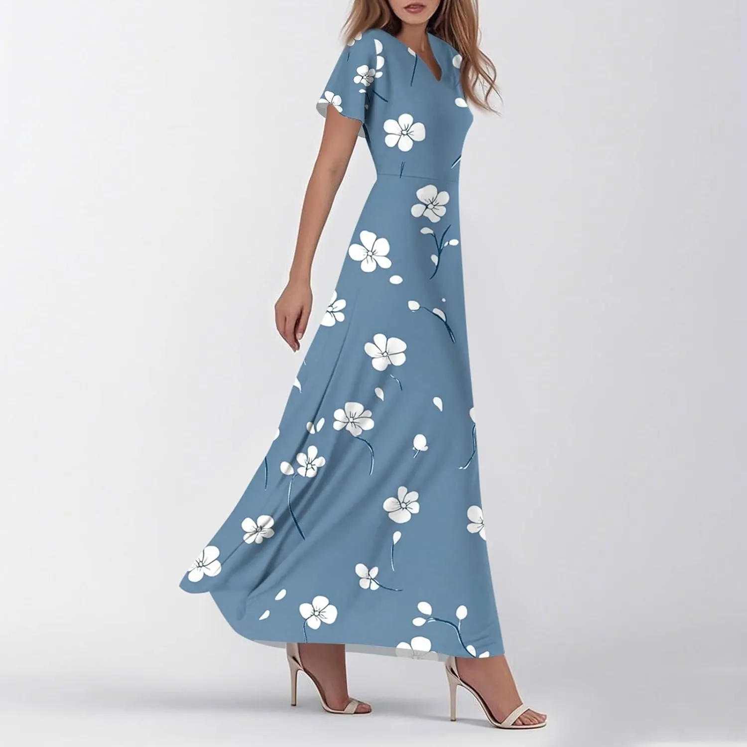 ZEFOTIM Long Dresses for Women 2025 Holiday Floral Dress Short Sleeve V Neck Dresses