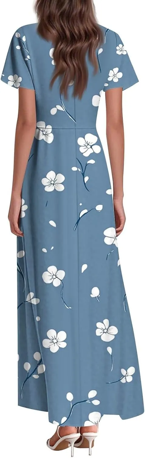 ZEFOTIM Long Dresses for Women 2025 Holiday Floral Dress Short Sleeve V Neck Dresses