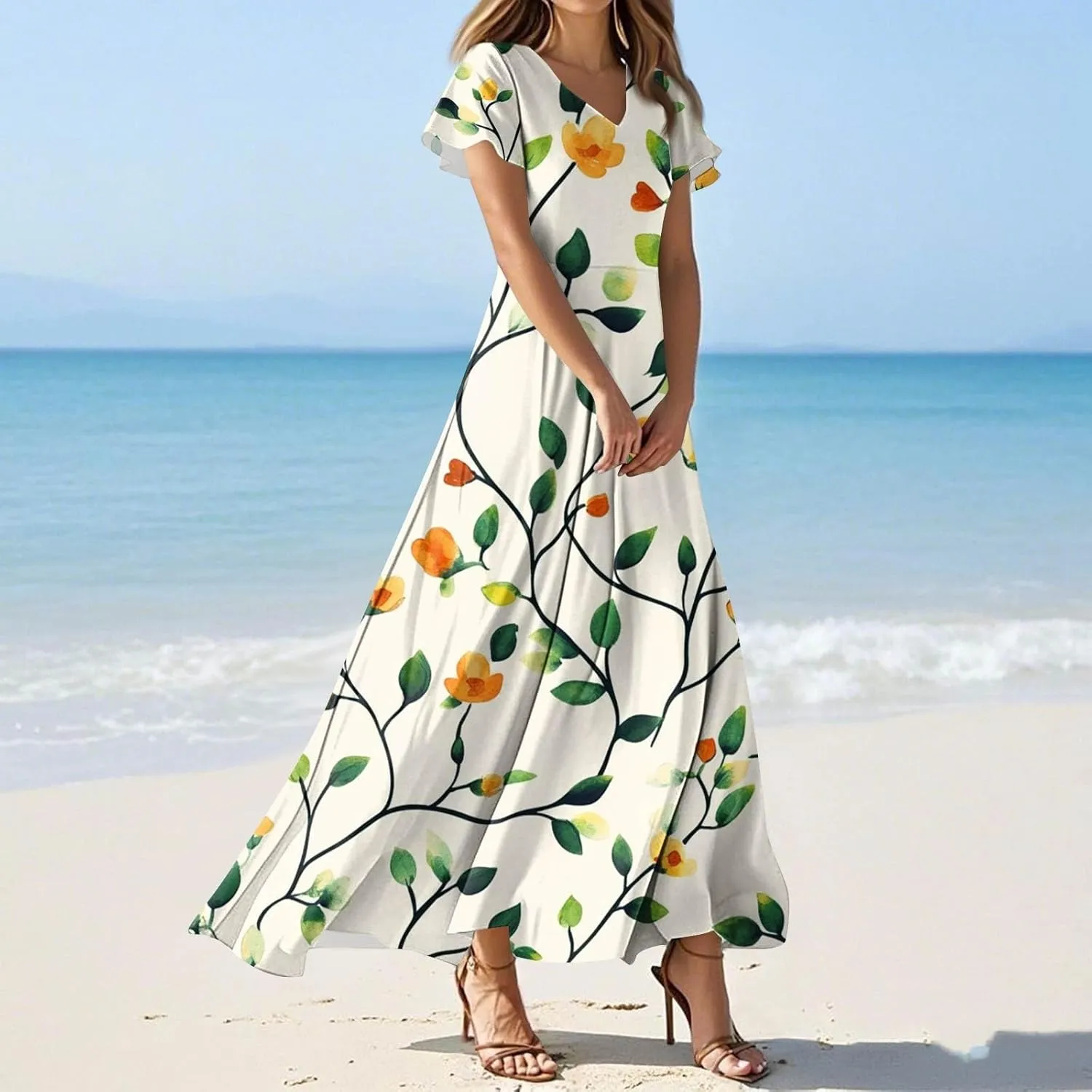ZEFOTIM Long Dresses for Women 2025 Holiday Floral Dress Short Sleeve V Neck Dresses