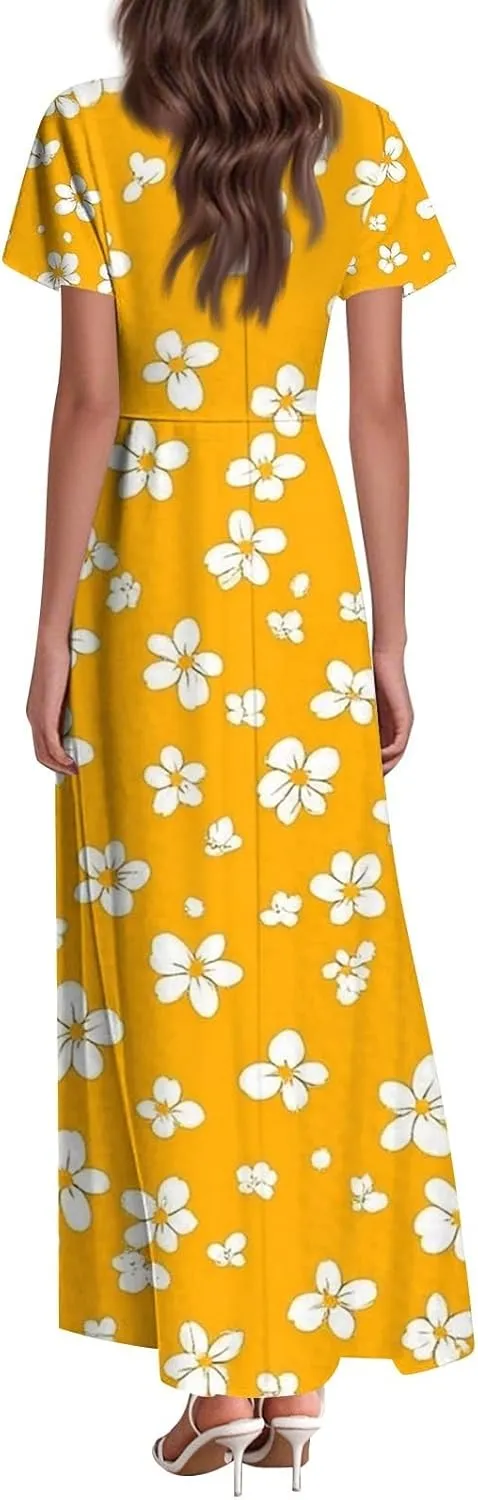 ZEFOTIM Long Dresses for Women 2025 Holiday Floral Dress Short Sleeve V Neck Dresses