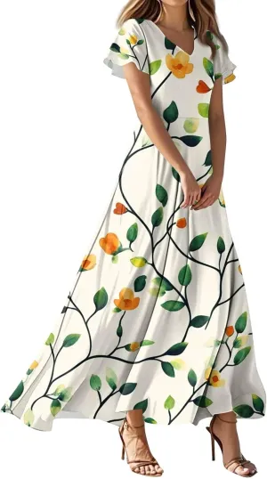 ZEFOTIM Long Dresses for Women 2025 Holiday Floral Dress Short Sleeve V Neck Dresses