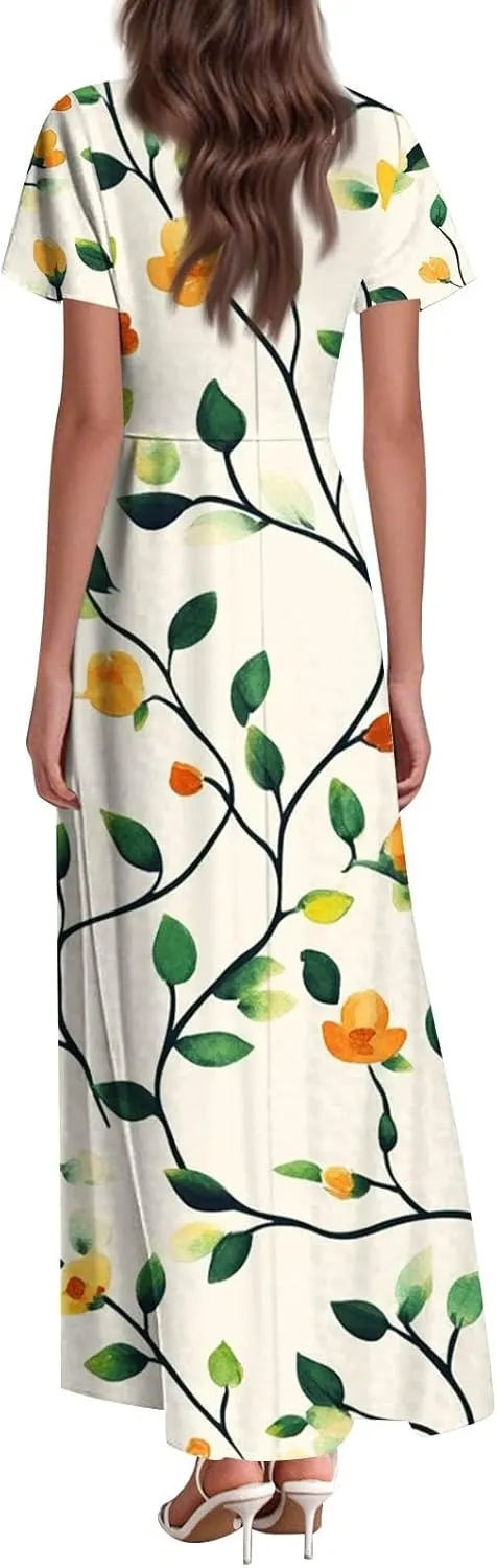 ZEFOTIM Long Dresses for Women 2025 Holiday Floral Dress Short Sleeve V Neck Dresses