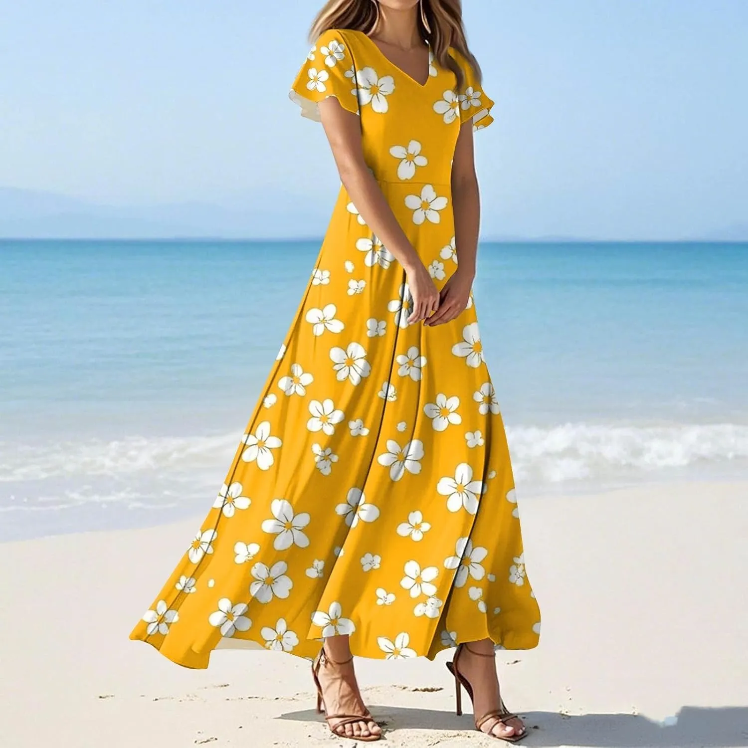 ZEFOTIM Long Dresses for Women 2025 Holiday Floral Dress Short Sleeve V Neck Dresses