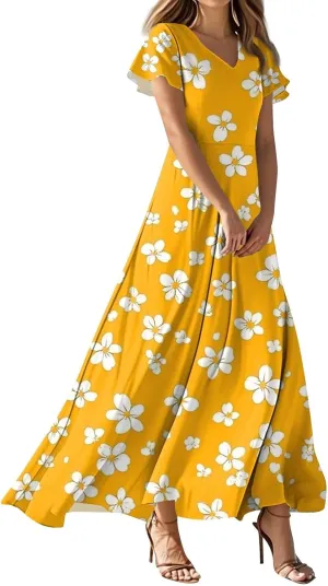 ZEFOTIM Long Dresses for Women 2025 Holiday Floral Dress Short Sleeve V Neck Dresses