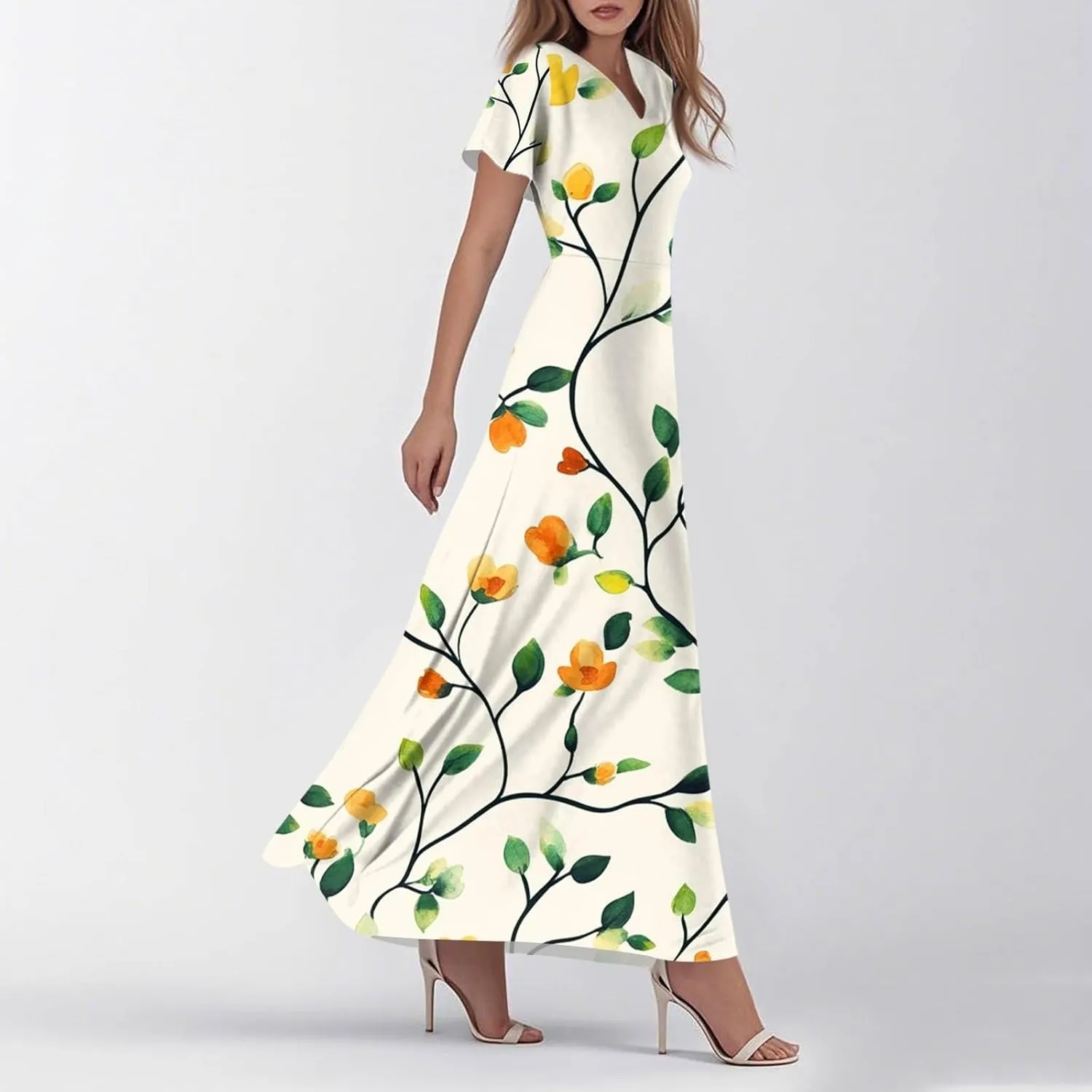 ZEFOTIM Long Dresses for Women 2025 Holiday Floral Dress Short Sleeve V Neck Dresses