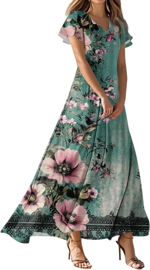 ZEFOTIM Long Dresses for Women 2025 Trendy Floral Dress Short Sleeve V Neck Dresses