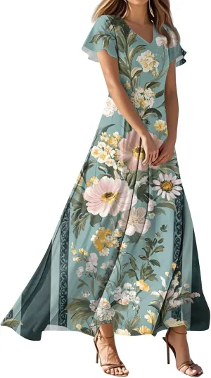 ZEFOTIM Long Dresses for Women 2025 Trendy Floral Dress Short Sleeve V Neck Dresses