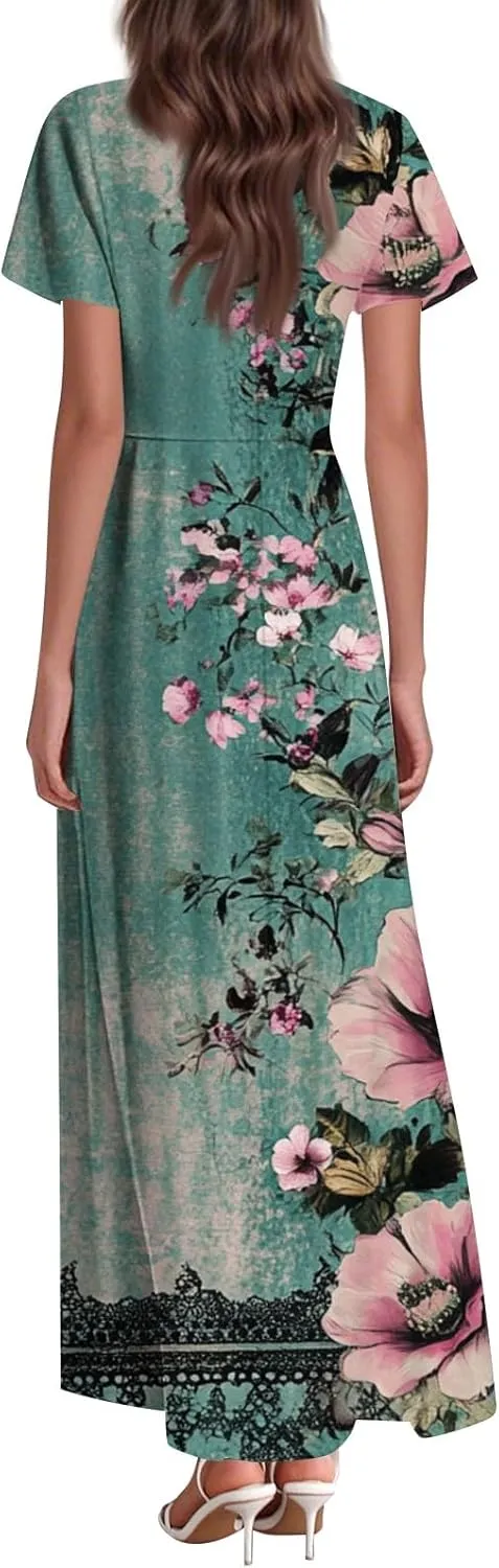 ZEFOTIM Long Dresses for Women 2025 Trendy Floral Dress Short Sleeve V Neck Dresses